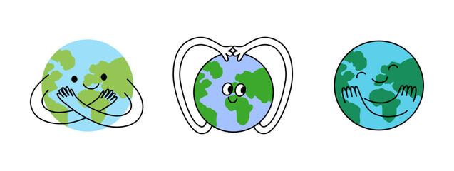 Vector illustration in flat linear minimal hand drawn simple style and logo design template - hands and planet earth - ecology concept