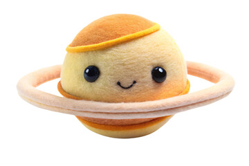 A yellowish plush toy shaped like Saturn, complete with soft, textured rings, set against a transparent background. Its large eyes and smile give it a friendly, childlike appeal