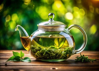 Captivating Green Tea Brewing Process in a Glass Pot - High-Speed Photography of Swirling Leaves