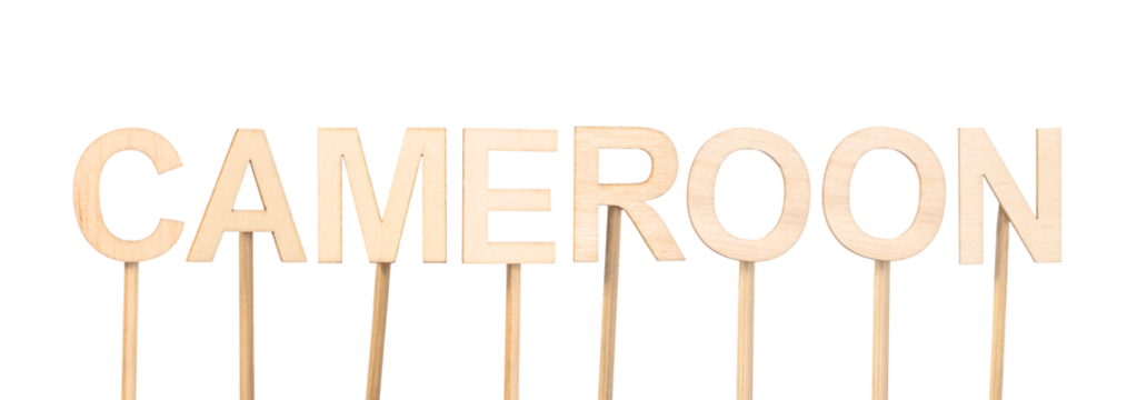 Handmade wooden sketch with the name Cameroon, ideal for graphic or decorative representations. Countries around the world.