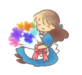 花束を持つ目を閉じた女の子の水彩イラスト