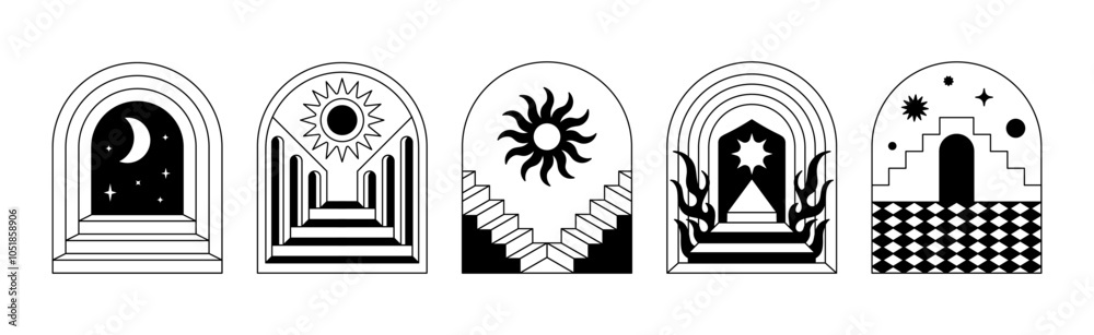 Poster vector illustrations in simple line style, boho abstract prints, simple arcs with natural landscapes