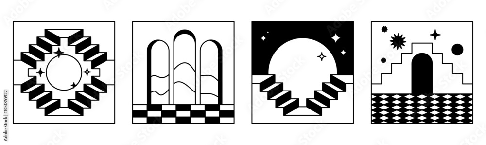 Poster vector illustrations in simple line style, boho abstract prints, simple arcs with natural landscapes