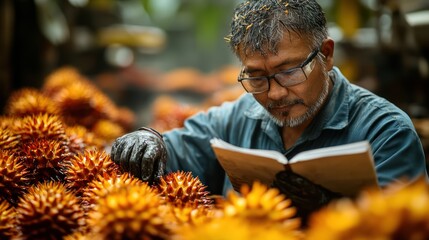 A Man Reading a Book Surrounded by Palm Fruit