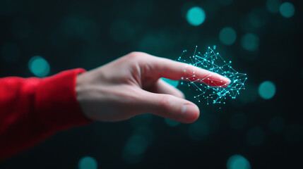 A human finger approaches a glowing network of particles, symbolizing connection and innovation in the digital age against a blurred teal background.