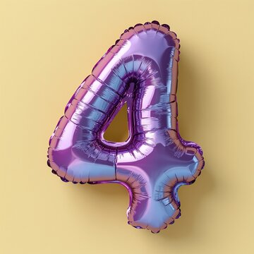 Violet metallic number4 four made of inflatable balloon on yellow background