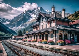 Charming Train Station in the French Alps - Scenic Aerial View of Mountain Landscape and Historic Architecture