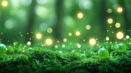 Obraz premium Enchanted forest floor with glowing orbs and lush green moss, AI