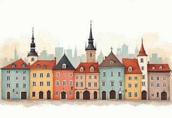 Obraz premium Charming Cityscape Illustration of Historic Buildings