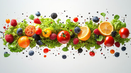 Clean healthy eating habits concept. Fruits, herbs, greens & vegetables mix, colorful juicy organic detox smoothie juice ingredients, white background