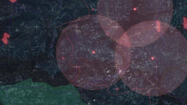 Missile strike anti air facility. Futuristic terrain head-up screen display. Tactical map real-time environmental data. Fighters and tracking missile. interface. Satellite view. 4K. Target.
