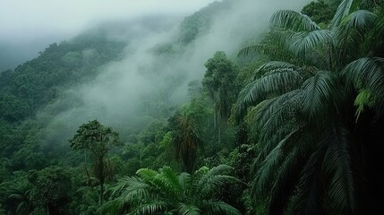 Naklejka premium Lush Green Jungle Landscape with Misty Atmosphere