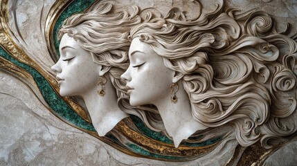 3D bas relief of twin women with long fluttering hair wrapped in tendrils stone carving plaster texture marble with golden stripes and emerald inlays 