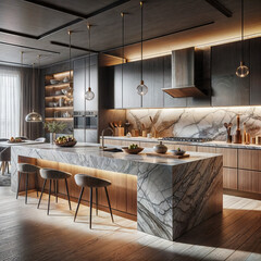 Modern kitchen interior with elegant stone island and ambient lighting