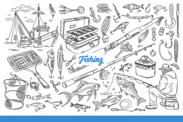 Tools for fishing and seafood production, as hobby or professional activity. Fishing rods and nets for man engaged in fishing near small ship and chest for transporting equipment. Hand drawn.