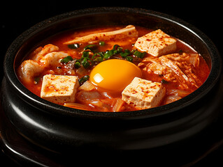 Studio image of Korean sundubu-jjigae, a spicy soft tofu stew served in a hot stone bowl, with pieces of soft tofu, egg yolk, and seafood in a rich red broth