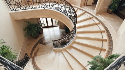 A beautiful staircase with marble treads and wrought iron handrails, captured from above, with flowing lines and symmetry. Space at the top for captions.