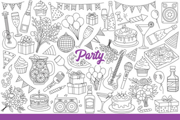Party background with food for festive event and flags or balloons for interior decoration. Celebratory items and flowers for birthday party or Christmas and New Year eve dinner. Hand drawn.