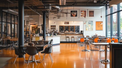 A bustling cafe scene with artistic lighting, modern tables, and sleek chairs over a glossy orange floor, radiating warmth. Open space on the right for text.