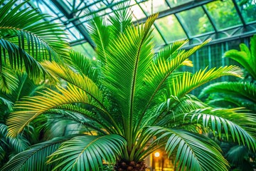 Fototapeta premium Closeup of an Evergreen Palm Tree in Low Light - Greenhouse Serenity