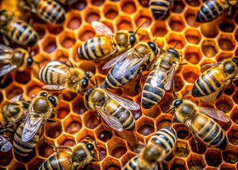 Closeup of Honeycomb with Bees and Dripping Honey in Macro Photography