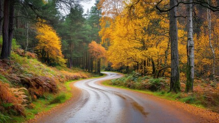 Obraz premium Curved road through autumn forest with vibrant orange foliage