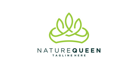 Obraz premium logo design combination of crown shape with leaves, plants, organic, nature, queen, kingdom, logo design vector, symbol, icon, idea, creative.