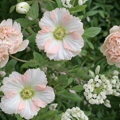 Fototapeta premium Seamless floral pattern featuring pink roses and white flowers on a green background
