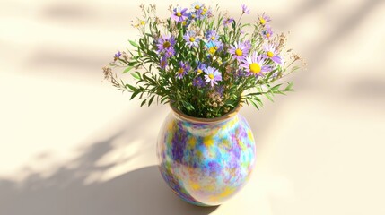Colorful Vase with Fresh Flowers on a Neutral Background