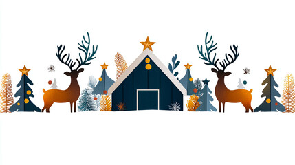 Naklejka premium festive scene featuring rustic barn adorned with holiday lights, surrounded by decorated trees and reindeer. This charming illustration captures spirit of Christmas