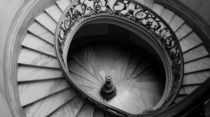 Obraz premium A spiral marble staircase with wrought iron railings, forming fluid lines from an overhead view. Ample space on the bottom for captions or logos.