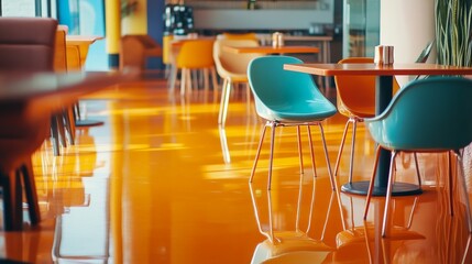 A vibrant cafe interior featuring colorful tables and sleek chairs over a shiny orange floor, with reflections adding character. Space on the top for promotional text.