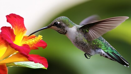 Fototapeta premium Hummingbird Feeding on Red Flower
