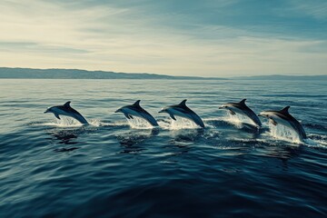 Fototapeta premium Group of dolphins jumping on the water - Beautiful seascape and blue sky
