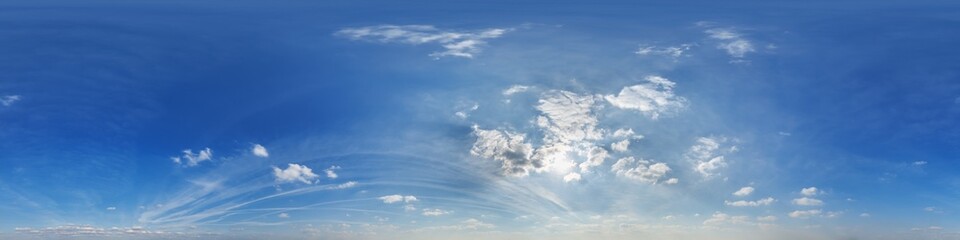 Obraz premium blue sky hdri 360 panorama with white clouds with zenith for use in 3d graphics as sky dome or edit drone shot as sky replacement