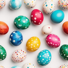Seamless pattern with bright and colored eggs on a white background. Design for backgrounds, wallpapers and cards, web, mail Easter egg, springtime holiday