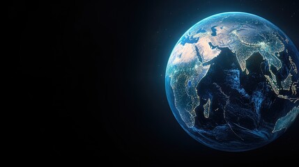 A glowing representation of planet Earth highlights a network of connections against a dark blue backdrop, symbolizing global commerce and technology