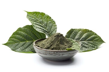 Henna powder in clay bowl with green leaves isolated on white background