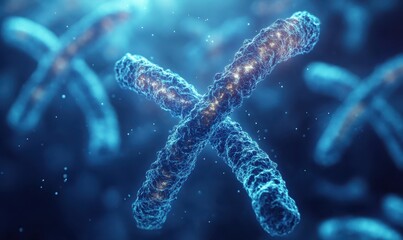 X and Y Chromosome on blue background. Chromosomes with DNA helix inside under microscope. Human chromosome. Illustration X and Y chromosome