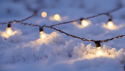 String lights in snow string lights glowing softly on snow covered ground at twilight, Ai Generated