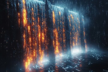 Abstract glowing digital waterfall with light streaks and dark background.