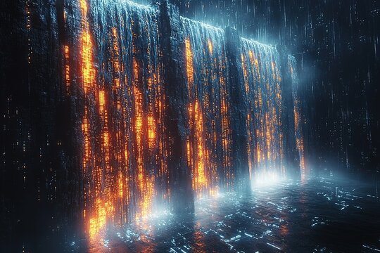 Abstract glowing digital waterfall with light streaks and dark background.