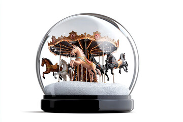 beautiful snow globe featuring holiday carousel with intricately designed horses, capturing whimsical and nostalgic atmosphere. This enchanting piece evokes joy and wonder