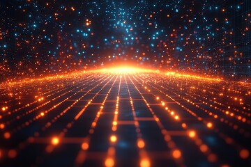 Obraz premium Abstract glowing grid with light trails and particles.