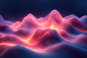 Abstract glowing landscape with waves of light and dark blue and red colors.