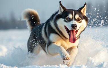 Naklejka premium Joyful Siberian Husky Running Through Sparkling Snow