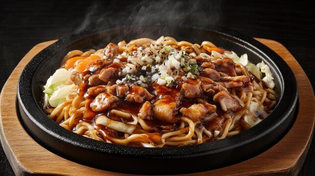 Steaming Plate of Yakisoba Noodles with Vegetables and Meat