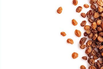 Obraz premium A variety of raisins are scattered across a clean, white background, allowing their deep brown hues and distinct shapes to stand out in a simple yet captivating composition.