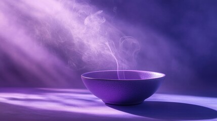 Steam rising from purple bowl, ethereal atmosphere, soft lighting