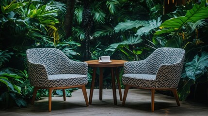 Obraz premium Cozy seating area surrounded by lush greenery, two patterned chairs, wooden table, coffee cup